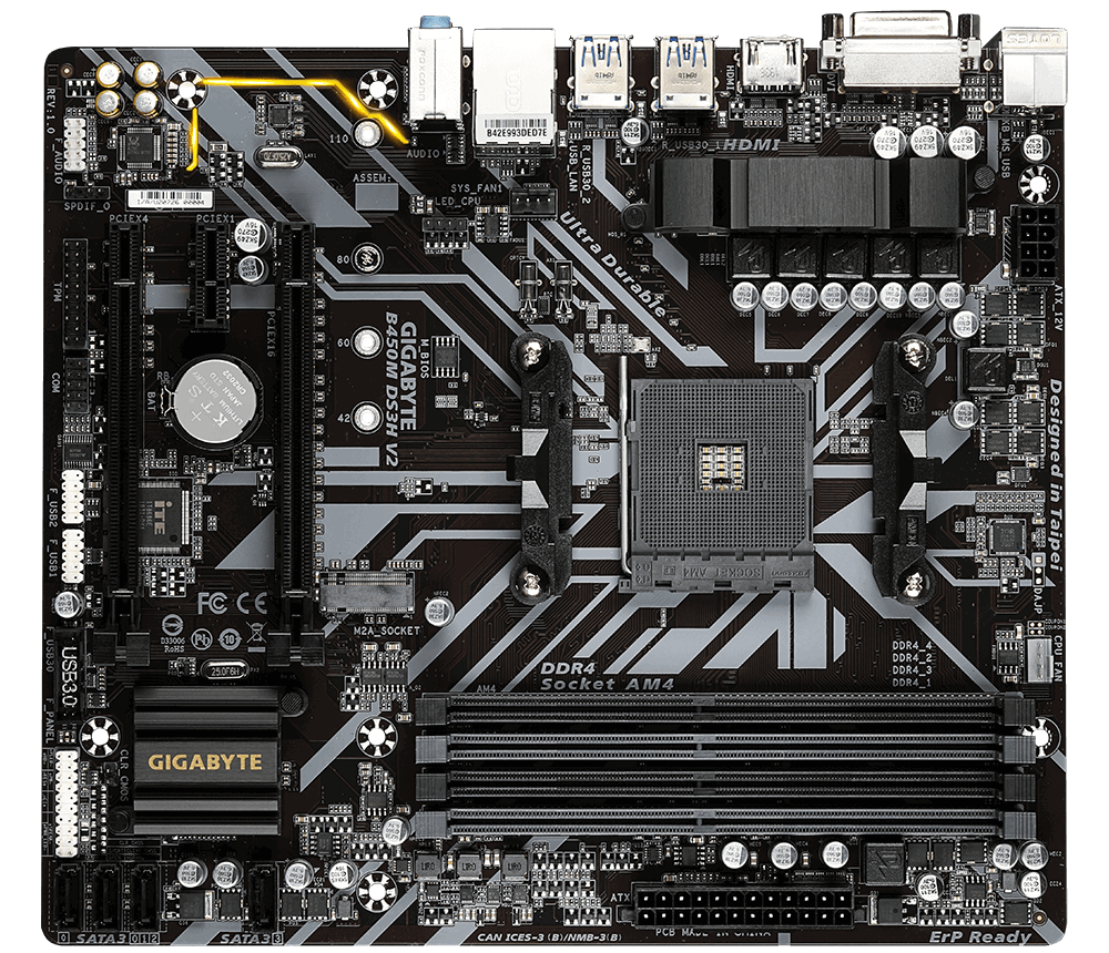 Материнская плата GIGABYTE B450M DS3H V2, SocketAM4, AMD B450, 4xDDR4, 2PCI-Ex16, 4SATA3, 7.1-ch, GLAN, 6USB 3.1, DVI, HDMI, mATX, Retail б/у, следы монтажа, в комплекте заглушка в корпус и SATA шлейфы
