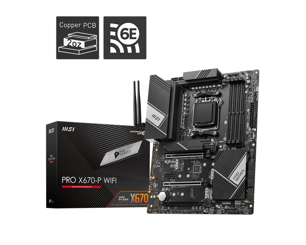 

Материнская плата MSI PRO X670-P WIFI, AM5, AMD X670, 4xDDR5 DIMM, 3PCI-Ex16, 6SATA3, 7.1-ch, 2.5GLAN, 13 USB 3.2, 3 USB Type-C, HDMI, DP, ATX, Retail, PRO X670-P WIFI