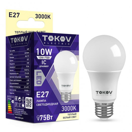 

Лампа светодиодная E27 груша, 10Вт, 3000K-3000K, 750лм, TOKOV ELECTRIC (TKE-A60-E27-10-3K)