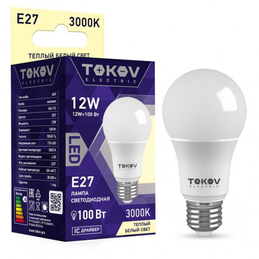 

Лампа светодиодная E27 груша, 12Вт, 3000K-3000K / белый, 1000лм, TOKOV ELECTRIC (TKE-A60-E27-12-3K)