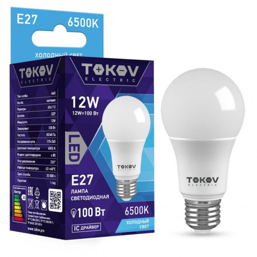 

Лампа светодиодная E27 груша/A60, 12Вт, 6500K-6500K / белый, 1000лм, TOKOV ELECTRIC (TKE-A60-E27-12-6.5K)