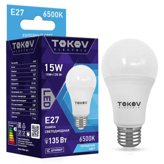 

Лампа светодиодная E27 груша/A60, 15Вт, 6500K-6500K / белый, 1350лм, TOKOV ELECTRIC (TKE-A60-E27-15-6.5K)
