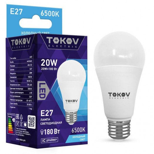 Лампа светодиодная E27 груша/A60, 20 Вт, 6500 K, TOKOV ELECTRIC