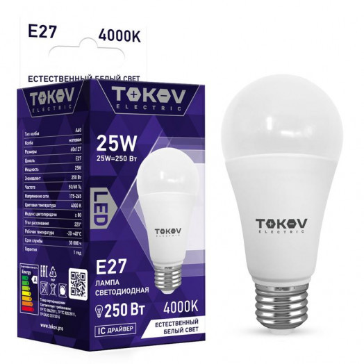 Лампа светодиодная E27 груша/A60, 25 Вт, 4000 K, TOKOV ELECTRIC
