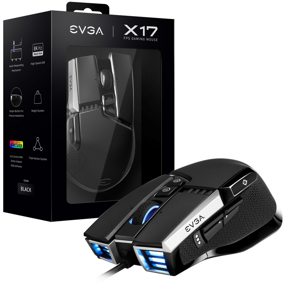 

Мышь проводная EVGA X17, 16000dpi, оптическая светодиодная, USB, черный (903-W1-17BK-K3), X17