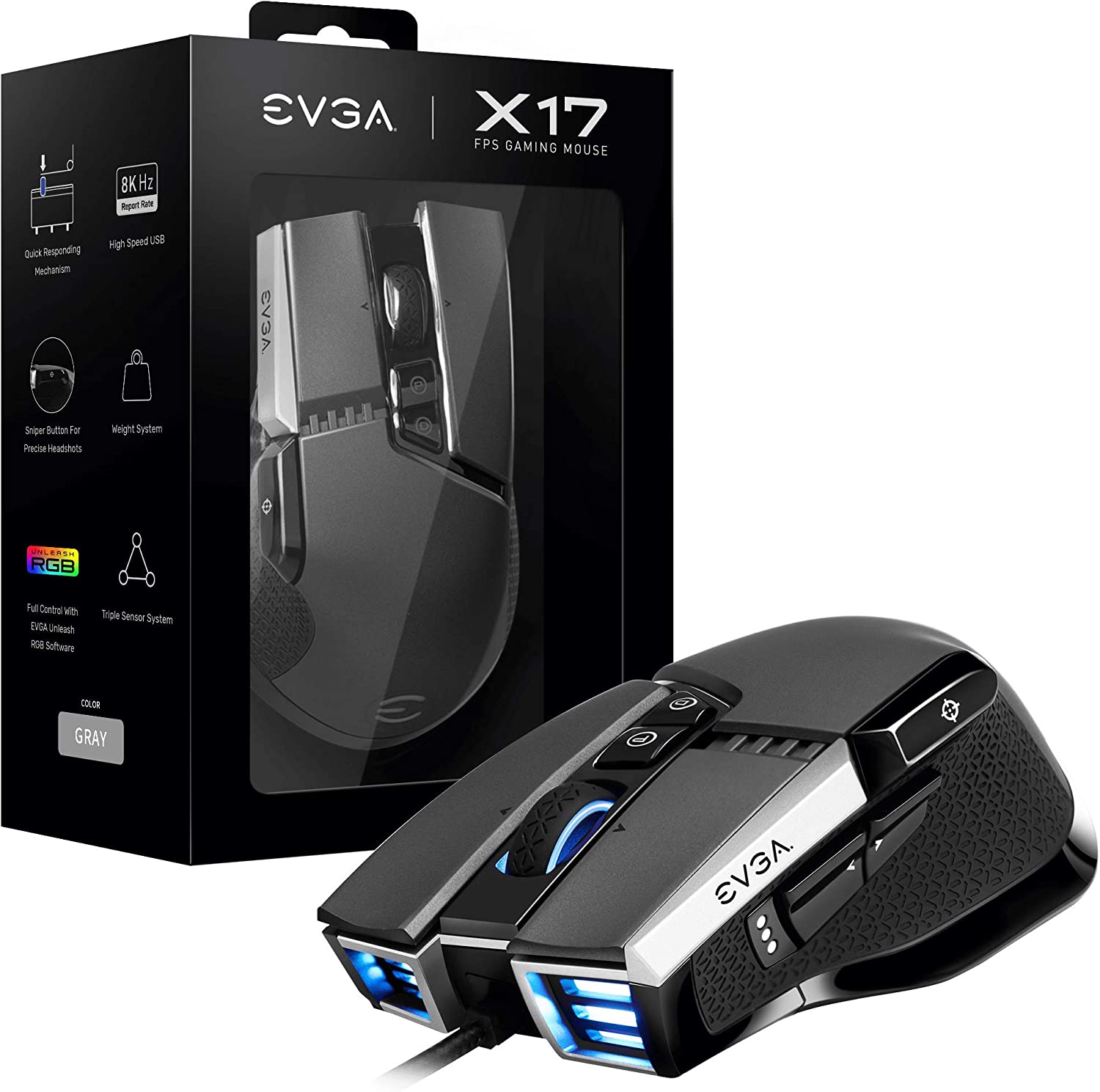 Мышь проводная EVGA X17, 16000dpi, оптическая светодиодная, USB, серый (903-W1-17GR-K3)