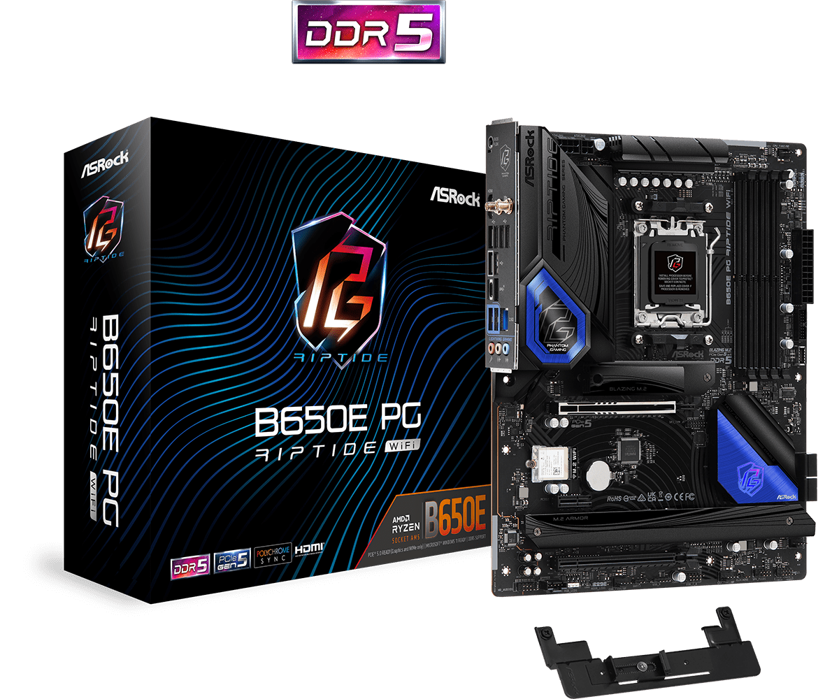 

Материнская плата ASRock B650E PG RIPTIDE WIFI, AM5, AMD B650E, 4xDDR5 DIMM, 2PCI-Ex16, 4SATA3, 7.1-ch, 2.5GLAN, 7 USB 3.2, 2 USB Type-C, HDMI, ATX, Retail, B650E PG RIPTIDE WIFI