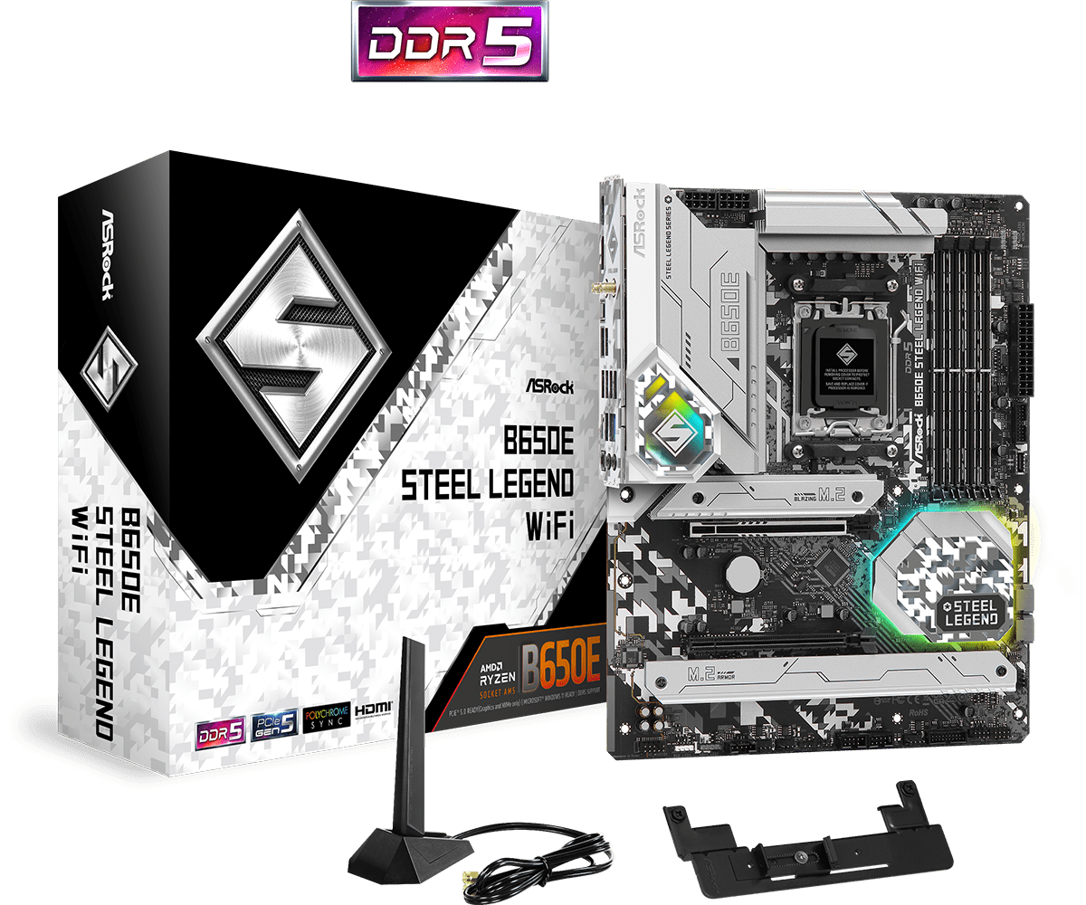 

Материнская плата ASRock B650E STEEL LEGEND WIFI, AM5, AMD B650E, 4xDDR5 DIMM, 2PCI-Ex16, 2SATA3, 7.1-ch, 2.5GLAN, 11 USB 3.2, 2 USB Type-C, HDMI, DP, ATX, Retail, B650E STEEL LEGEND WIFI