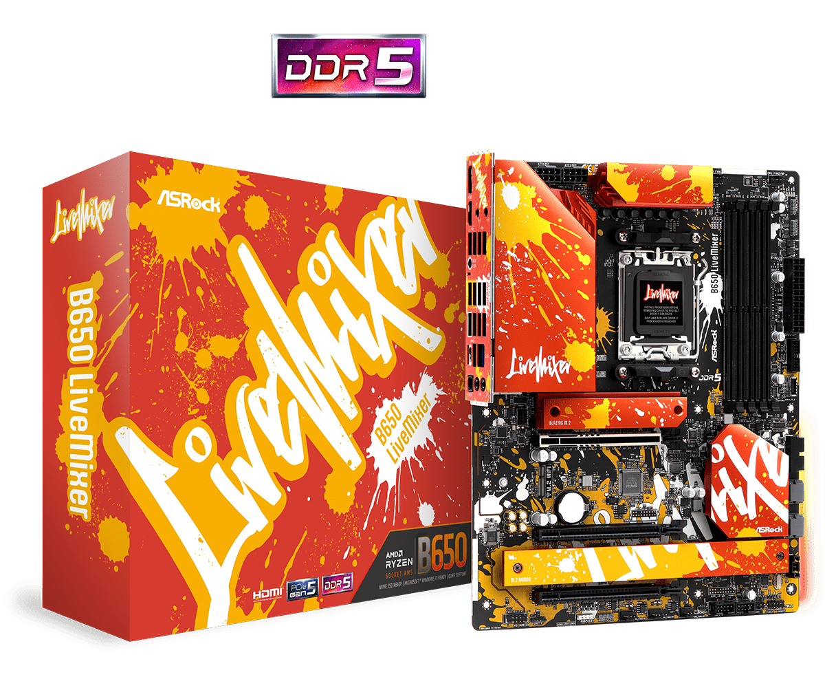 

Материнская плата ASRock B650 LiveMixer, AM5, AMD B650, 4xDDR5 DIMM, 3PCI-Ex16, 2SATA3, 7.1-ch, 2.5GLAN, 11 USB 3.2, 2 USB Type-C, HDMI, DP, ATX, Retail, B650 LiveMixer