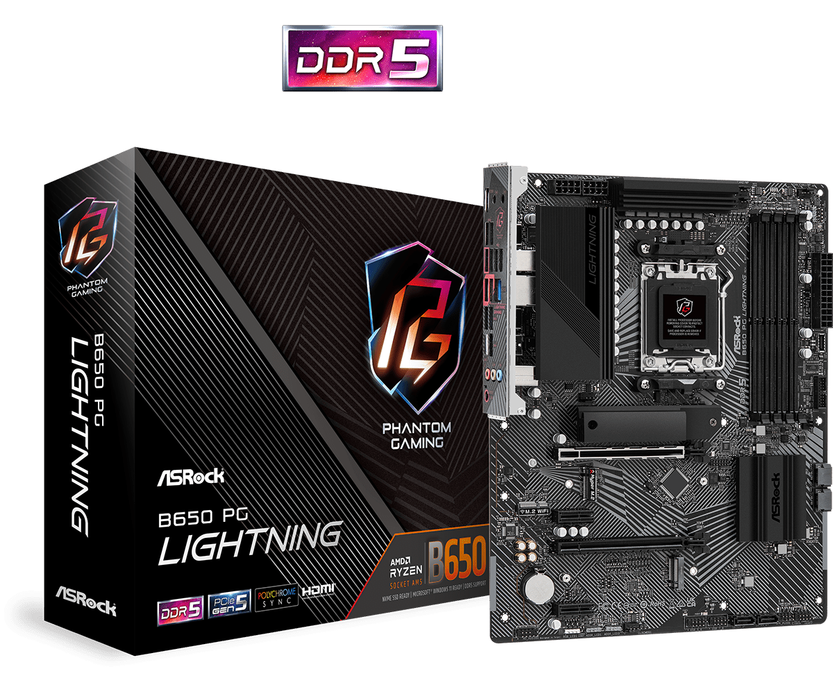 

Материнская плата ASRock B650 PG LIGHTNING, AM5, AMD B650, 4xDDR5 DIMM, 2PCI-Ex16, 4SATA3, 7.1-ch, 2.5GLAN, 11 USB 3.2, 2 USB Type-C, HDMI, ATX, Retail, B650 PG LIGHTNING