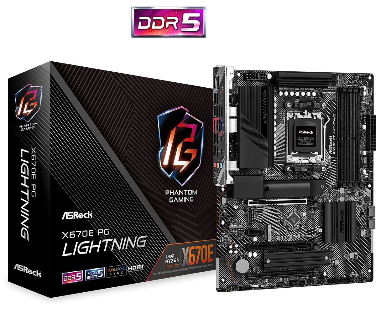 

Материнская плата ASRock X670E PG LIGHTNING, AM5, AMD X670E, 4xDDR5 DIMM, 3PCI-Ex16, 4SATA3, 7.1-ch, 2.5GLAN, 13 USB 3.2, 2 USB Type-C, HDMI, DP, ATX, Retail, X670E PG LIGHTNING