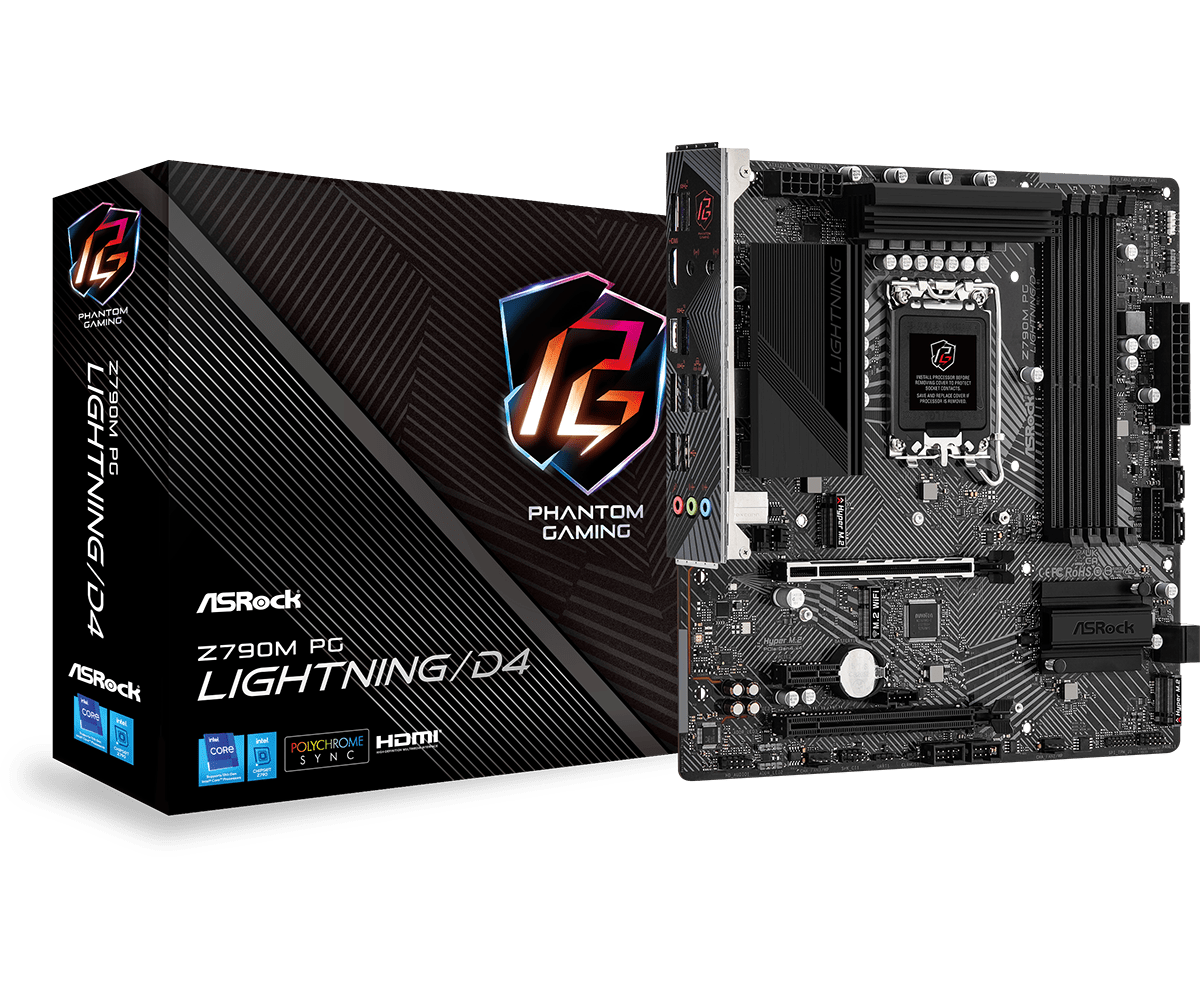 

Материнская плата ASRock Z790M PG LIGHTNING/D4, Socket1700, Intel Z790, 4xDDR4, 2PCI-Ex16, 4SATA3, 7.1-ch, GLAN, 9 USB 3.2, 2 USB Type-C, HDMI, mATX, Retail, Z790M PG LIGHTNING/D4
