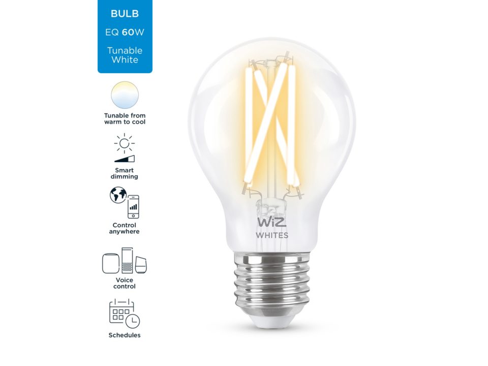 

Умная лампа WIZ Wi-Fi BLE 60W A60 E27 927-65 CL 1PF/6 , 7Вт, 806лм, 2700-6500К, E27, WiFi, белый (929002450202), Wi-Fi BLE 60W A60 E27 927-65 CL 1PF/6