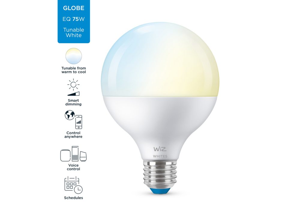 

Умная лампа WIZ Wi-Fi BLE 75W G95 E27 927-65 TW 1PF/6 , 11Вт, 1055лм, 2700-6500К, E27, WiFi, белый (929002383902), Wi-Fi BLE 75W G95 E27 927-65 TW 1PF/6
