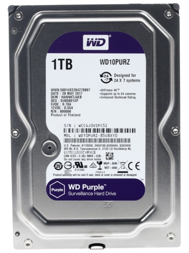 

Жесткий диск (HDD) Western Digital 1Tb Purple, 3.5", 5400rpm, 64Mb, SATA3 (WD10PURZ)