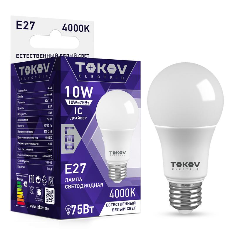 

Лампа светодиодная E27 груша/A60, 12Вт, 4000K-4000K / белый, 750лм, TOKOV ELECTRIC (TKE-A60-E27-10-4K)