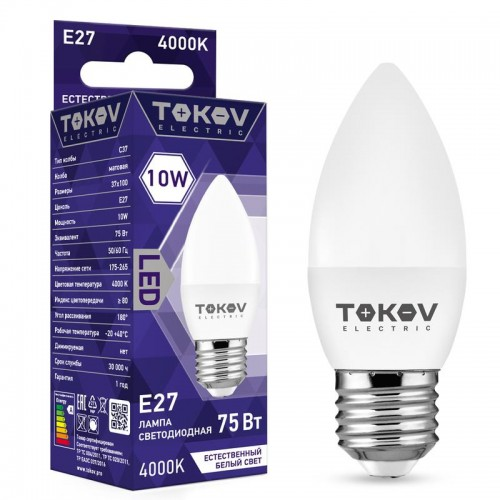 

Лампа светодиодная E27 свеча/C37, 10Вт, 4000K-4000K / белый, 700лм, TOKOV ELECTRIC (TKE-C37-E27-10-4K)