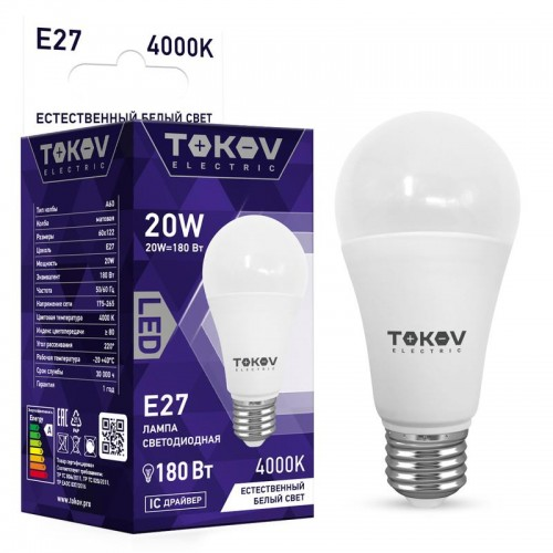 

Лампа светодиодная E27 груша, 12Вт, 4000K-4000K / белый, 1800лм, TOKOV ELECTRIC (TKE-A60-E27-20-4K)