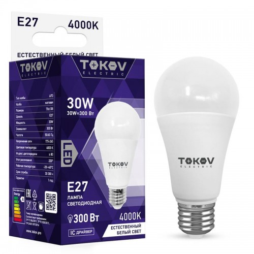 

Лампа светодиодная E27 груша, 30Вт, 4000K-4000K / белый, 2700лм, TOKOV ELECTRIC (TKE-A70-E27-30-4K)