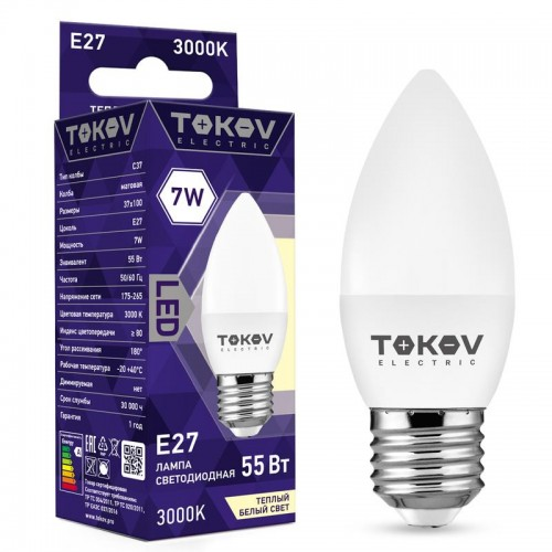 

Лампа светодиодная E27 свеча, 7Вт, 3000K-3000K / белый, 500лм, TOKOV ELECTRIC (TKE-C37-E27-7-3K)