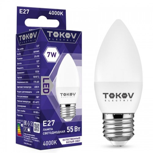 

Лампа светодиодная E27 свеча, 7Вт, 4000K-4000K / белый, 500лм, TOKOV ELECTRIC (TKE-C37-E27-7-4K)
