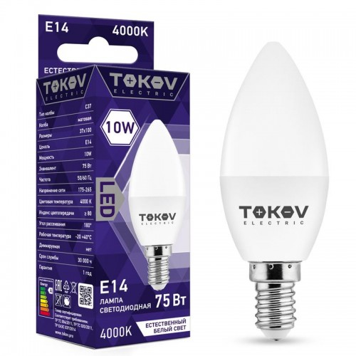 

Лампа светодиодная E14 свеча, 10Вт, 4000K-4000K / белый, 700лм, TOKOV ELECTRIC (TKE-C37-E14-10-4K)