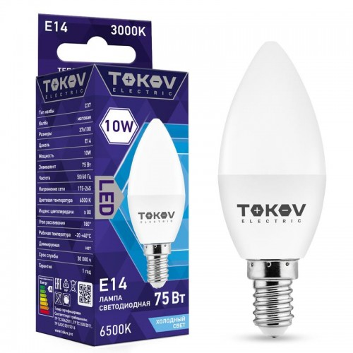 

Лампа светодиодная E14 свеча, 10Вт, 6500K-6500K / белый, 700лм, TOKOV ELECTRIC (TKE-C37-E14-10-6.5K)