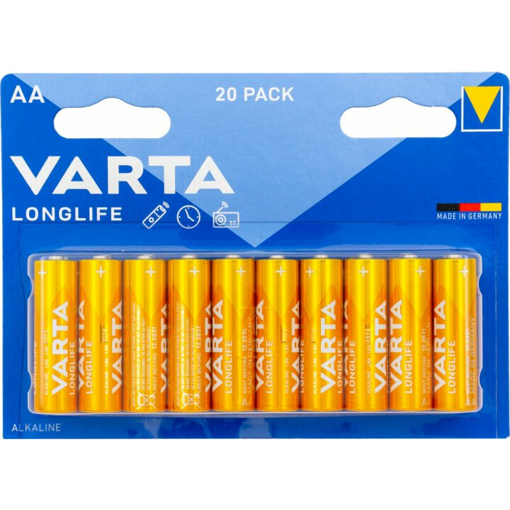 

Батарея Varta Longlife, AA (LR6-20F), 1.5V, 20шт. (04106101420)