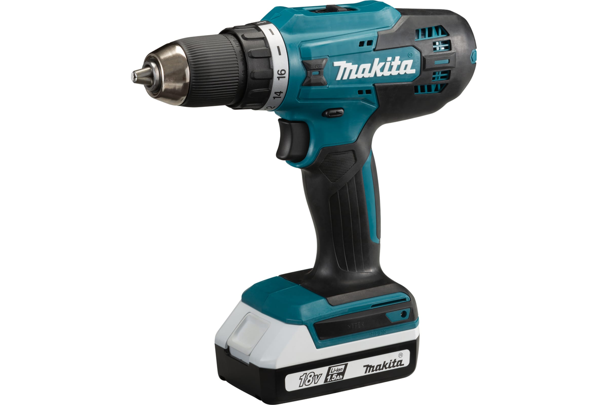 Дрель-шуруповерт Makita DF488DWE, аккумуляторный, 42 нм, 1400 об/мин, 18V, 1.5 А·ч, Li-Ion, два акб, быстрозажимной патрон, кейс, 1.7 кг (DF488DWE)