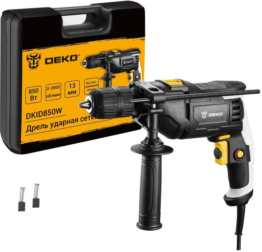 

Дрель Deko DKID850W, сетевая, 850 Вт, 2800 об/мин, ударная, быстрозажимной патрон, кейс, 2.39 кг (063-4326), DKID850W