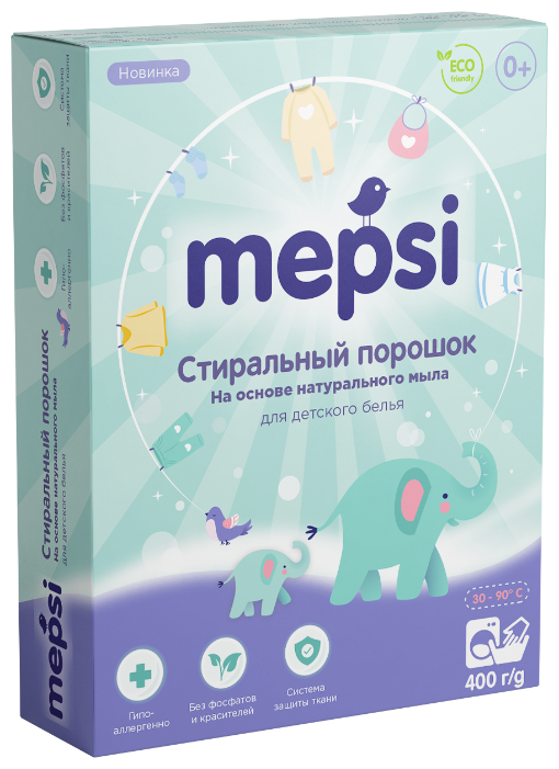 

Стиральный порошок Mepsi на основе натурального мыла для детского белья, 400г, на основе натурального мыла
