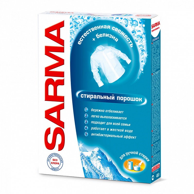 

Стиральный порошок Sarma для белого белья, с антибактериальным эффектом, 400г, 0