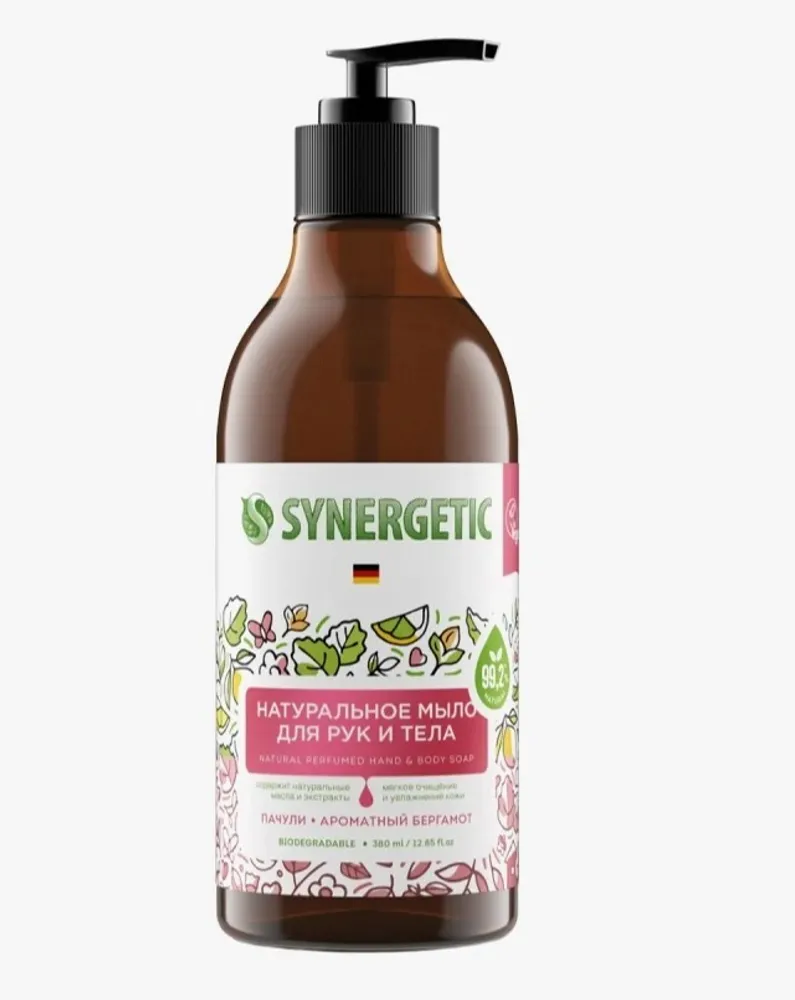 

Жидкое мыло SYNERGETIC Натуральное мыло для рук и тела пачули и ароматный бергамот, увлажняющее, 380мл, пачули и ароматный бергамот