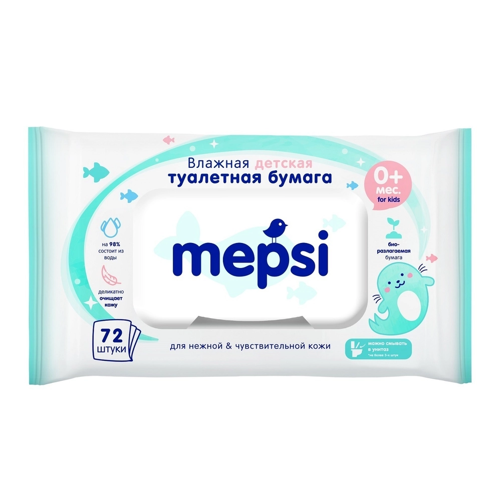 

Влажная туалетная бумага MEPSI, слоев: 1, листов 72шт., белый, 0