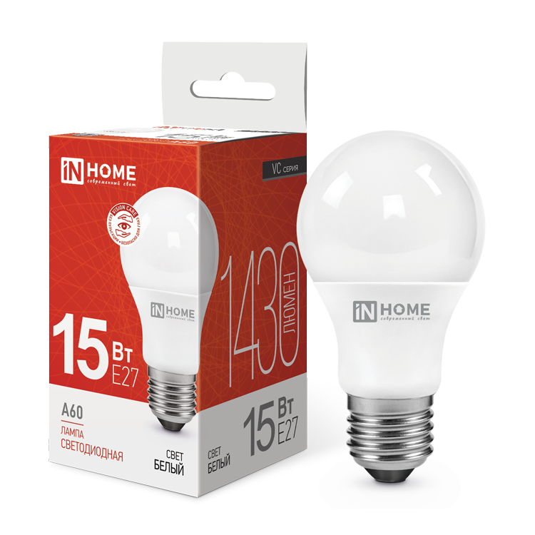 

Лампа светодиодная E27 груша/A60, 15Вт, 4000K / белый, 1350лм, IN HOME 4690612020273 LED-A60-VC (4690612020273), 4690612020273