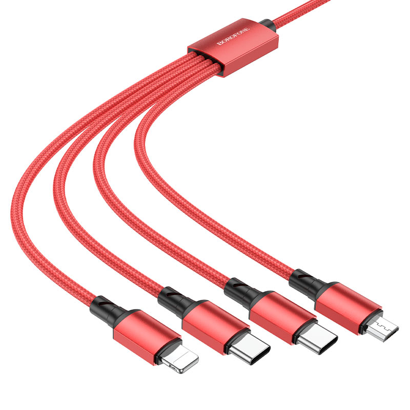 

Кабель USB 2.0(Am)-2xUSB Type-C(m)+Lightning 8-pin(m)+Micro USB 2.0(Bm), 2A, 1м, красный Borofone BX72 (6974443384710), 0