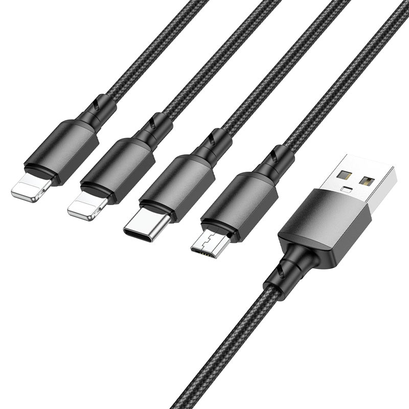 

Кабель USB 2.0(Am)-2xLightning 8-pin(m)+USB Type-C(m)+Micro USB 2.0(Bm), 2A, 1м, черный Borofone BX72 (6974443384680), 0