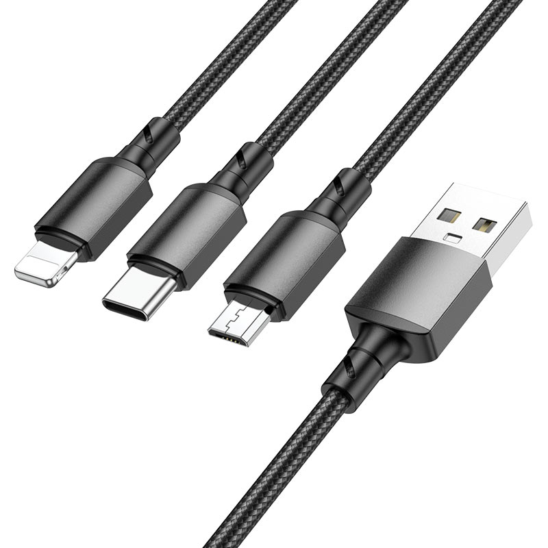 

Кабель USB 2.0(Am)-Lightning 8-pin(m)+USB Type-C(m)+Micro USB2.0(Bm), 2A, 1м, черный Borofone BX72 (6974443384666), 0