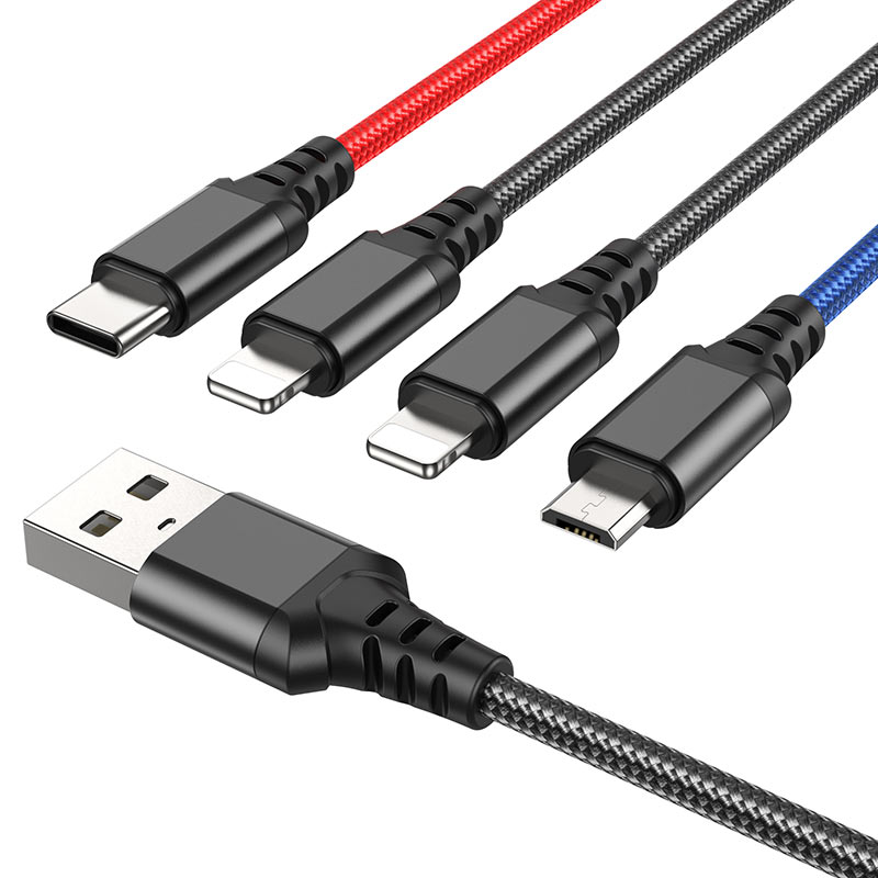 

Кабель USB-2xLightning 8-pin+USB Type-C+Micro USB, 2A, 1м, черный/синий/красный HOCO X76 Super (6931474768643)