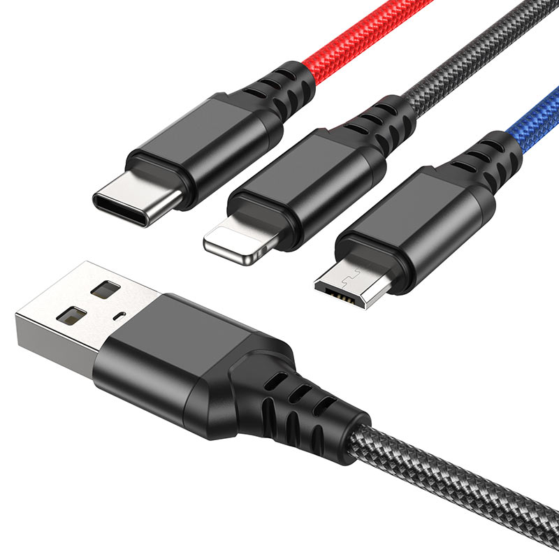 

Кабель USB-Lightning 8-pin+USB Type-C+Micro USB, 2A, 1м, черный/синий/красный HOCO X76 Super (6931474768636)