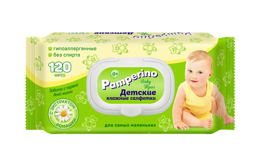 

Салфетки антисептические Pamperino 120шт. детские с экстрактом ромашки, с пластиковым клапаном, 0