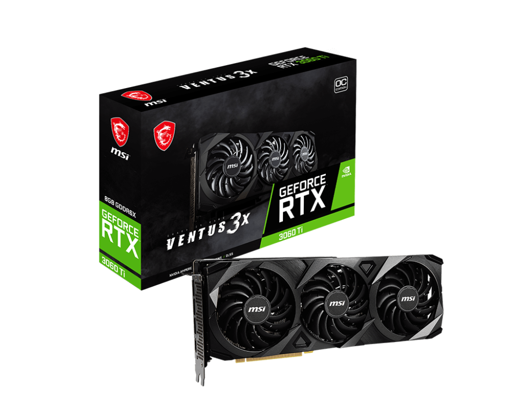 

Видеокарта MSI NVIDIA GeForce RTX 3060Ti VENTUS 3X 8G OC, 8Gb DDR6X, 256 бит, PCI-E, HDMI, 3DP, Retail (RTX 3060 Ti VENTUS 3X 8GD6X OC), VENTUS 3X 8G OC
