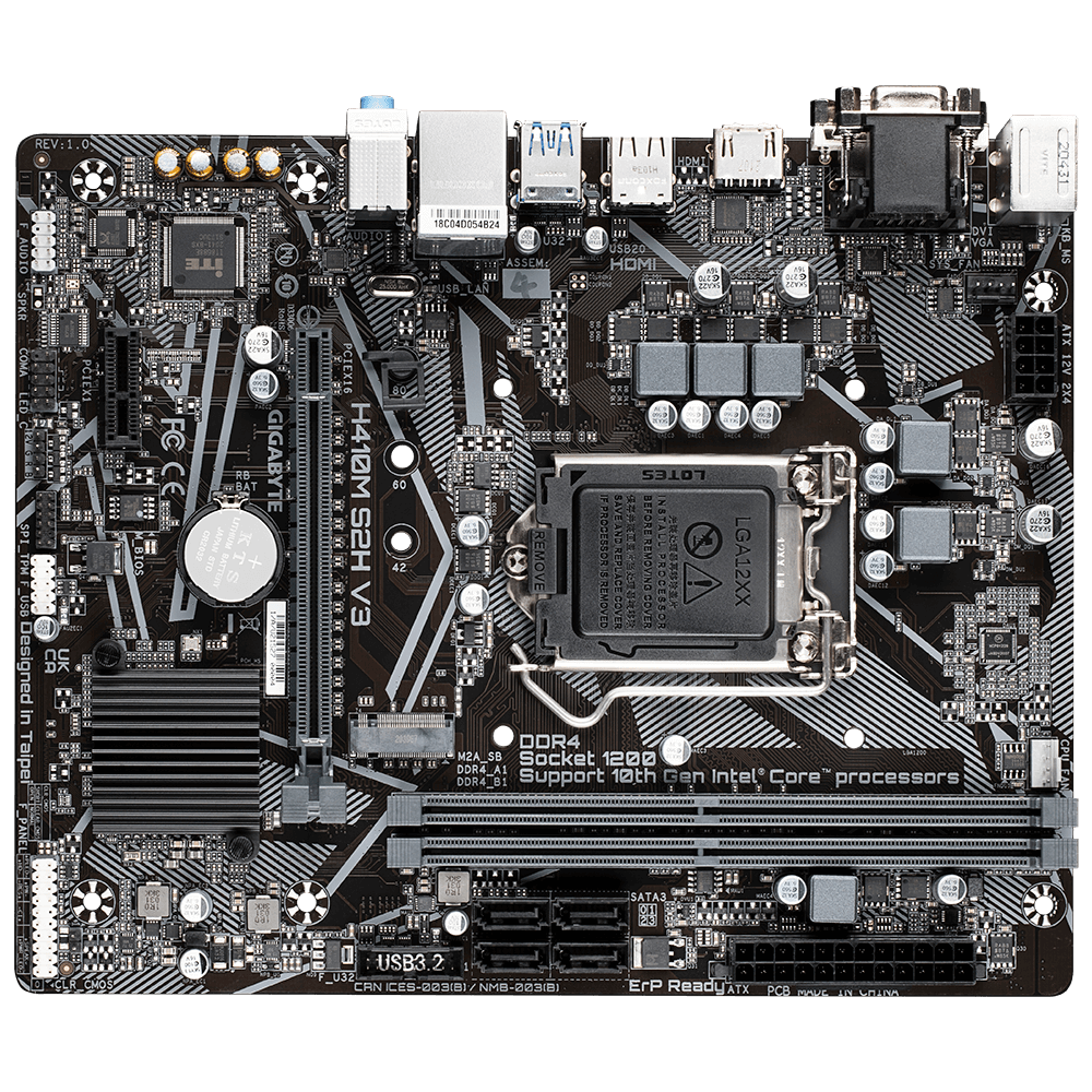 

Материнская плата GIGABYTE H410M S2H V3, Socket1200, Intel H510, 2xDDR4, PCI-Ex16, 4SATA3, 7.1-ch, GLAN, 4 USB 3.2, VGA, DVI, HDMI, mATX, Bulk, H410M S2H V3