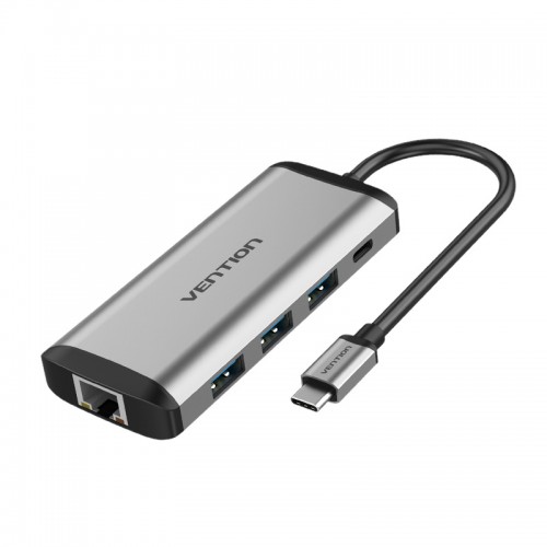 Многофункциональный адаптер Vention USB-C 9-in-1 Multifunctional Adapter, USB 3.1, 3xUSB 3.0, HDMI, RJ-45, USB Type-C, CR, Jack 3.5mm, серый/черный (THAHB)