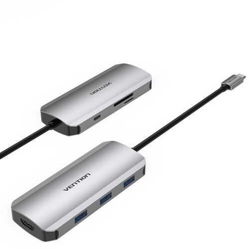 Многофункциональный адаптер Vention 7-in-1 USB-C Docking Station, USB 3.1, 3xUSB 3.0, HDMI, USB Type-C, CR, серый/черный (TOJHB)