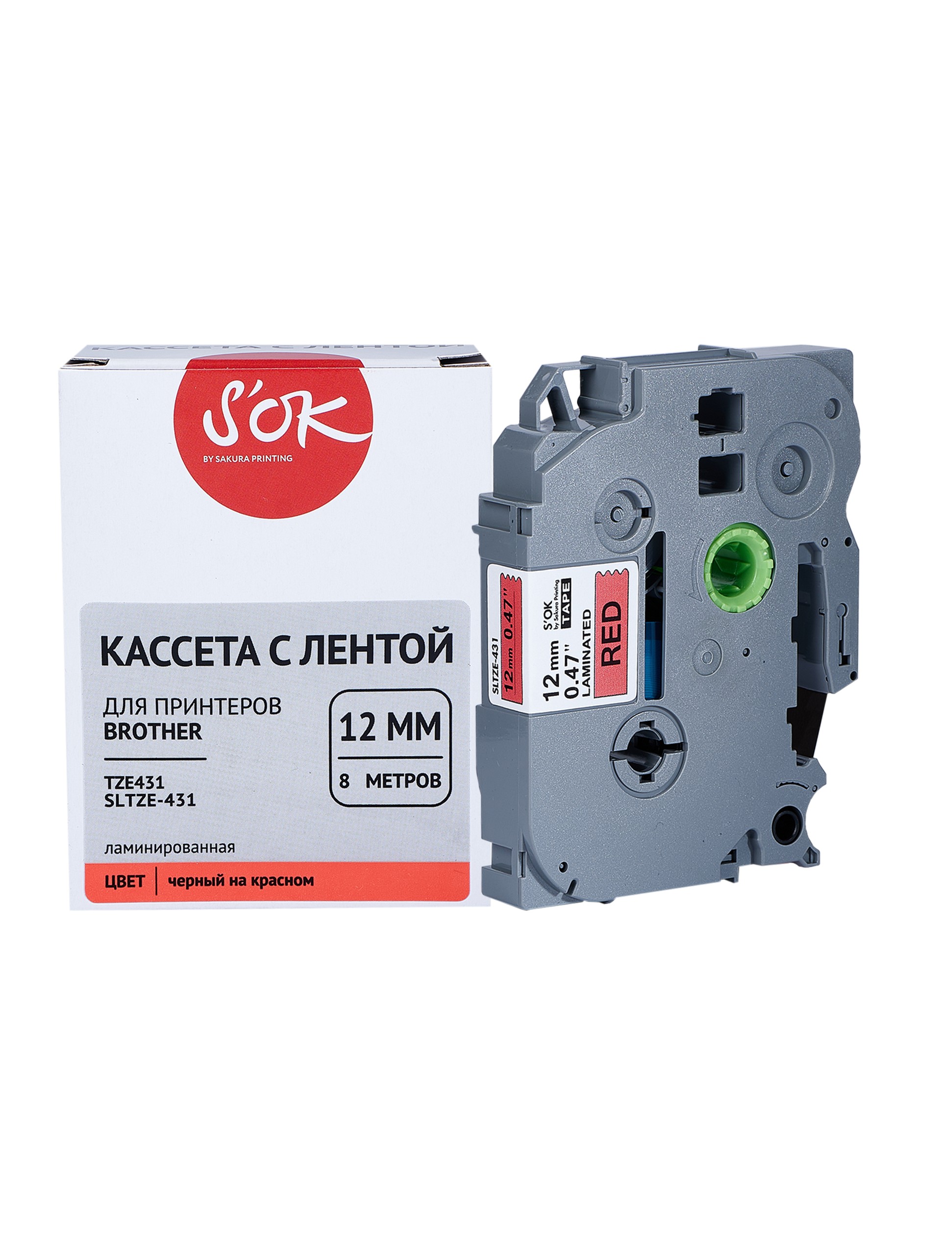 

Кассета с наклейками SAKURA SLTZE431, 1.2 см x 8 м, черный на красном, совместимая (SLTZE431), SLTZE431