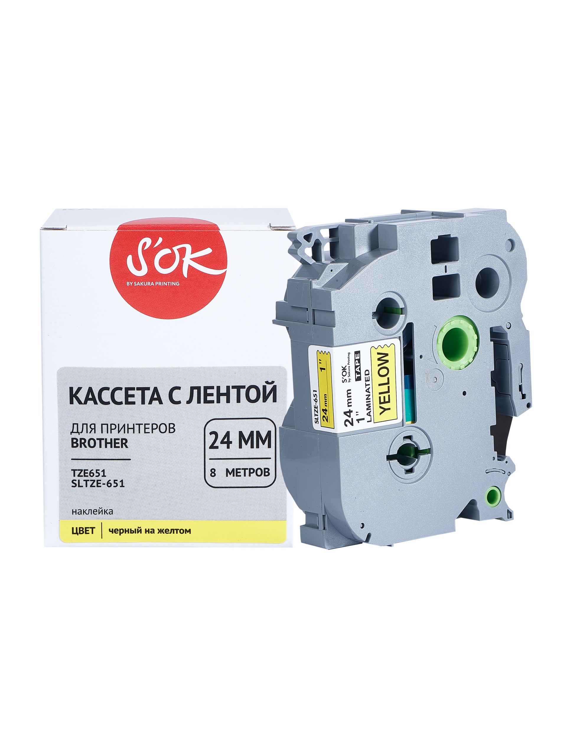 

Кассета с наклейками SAKURA TZE-651, 2.4 см x 8 м, черный на желтом, совместимая (SLTZE651), TZE-651