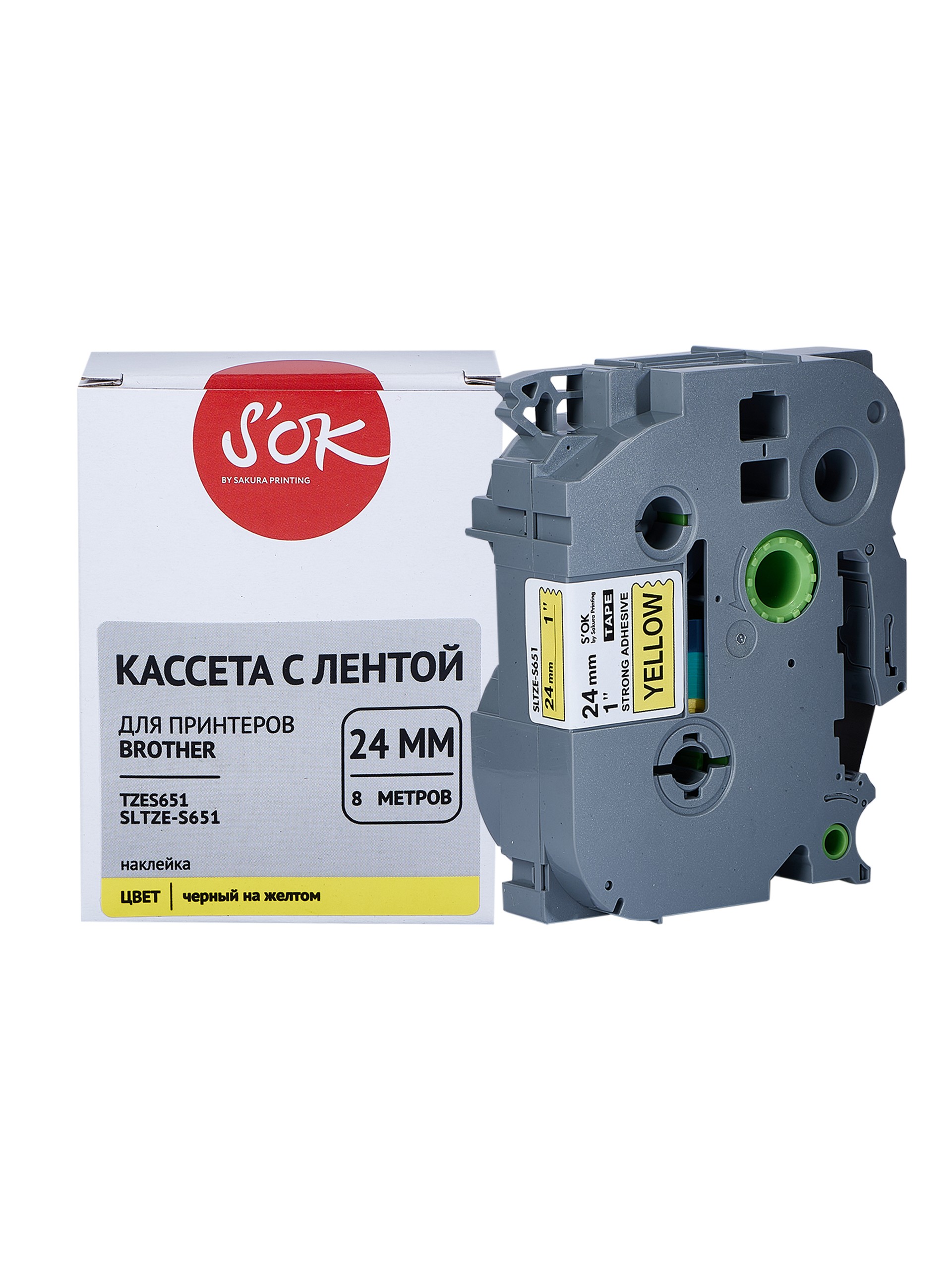 

Кассета с наклейками SAKURA TZES651, 2.4 см x 8 м, черный на желтом, совместимая (SLTZES651), TZES651
