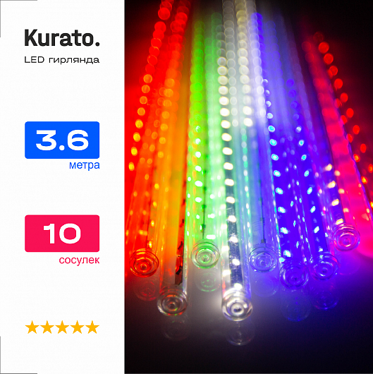 Гирлянда Kurato ODI-48L-0,5m-RGB светодиодная сосульки, ламп: 10 шт., 3.6 м x 50 см, от сети, RGB (90597)