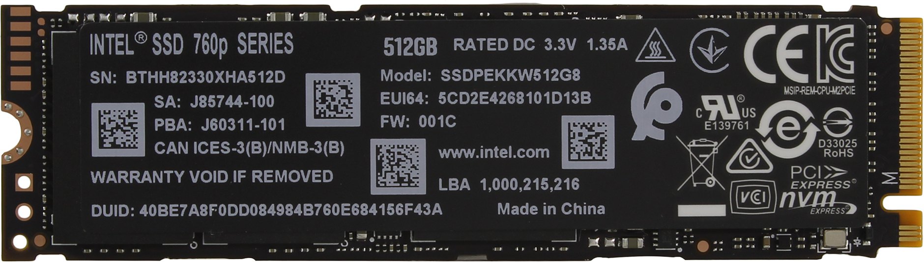 

Твердотельный накопитель (SSD) Intel 512Gb 760p, 2280, M.2, NVMe (SSDPEKKW512G8XT)